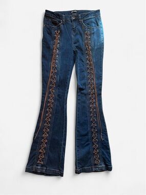 Hot Topic Dark Blue Flare Jeans with Brown Lace-Up Trim